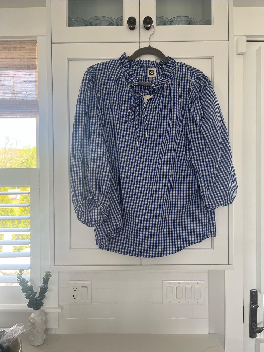 Anne Klein Blue and White Gingham Blouse